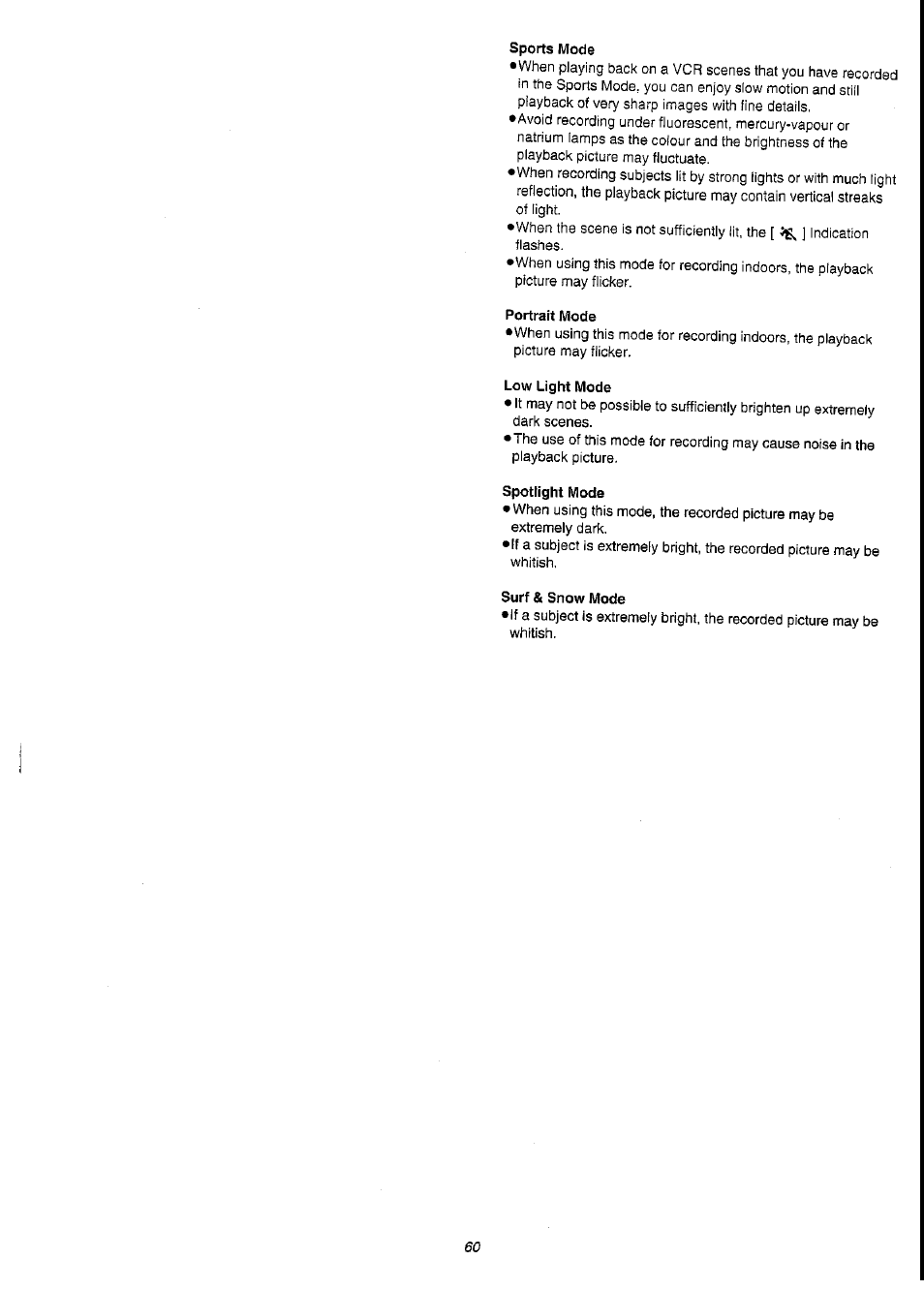 Sports mode, Portrait mode, Low light mode | Spotlight mode, Surf & snow mode | Panasonic NV-VS3A User Manual | Page 60 / 88