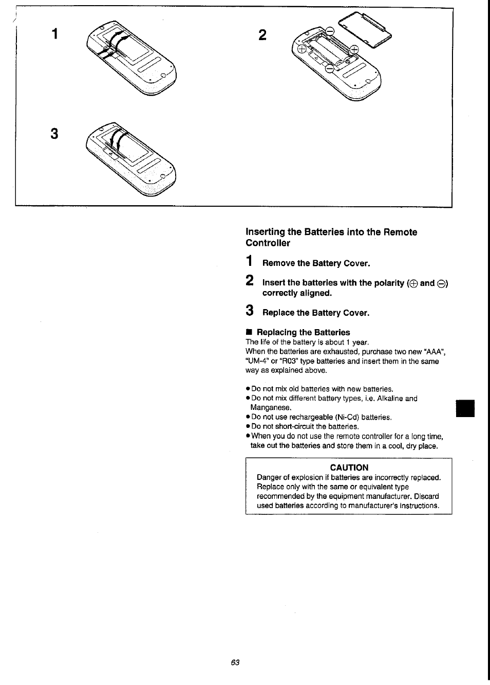 1 remove the battery cover, 3 replace the battery cover, Replacing the batteries | Caution | Panasonic NV-VS3A User Manual | Page 63 / 88