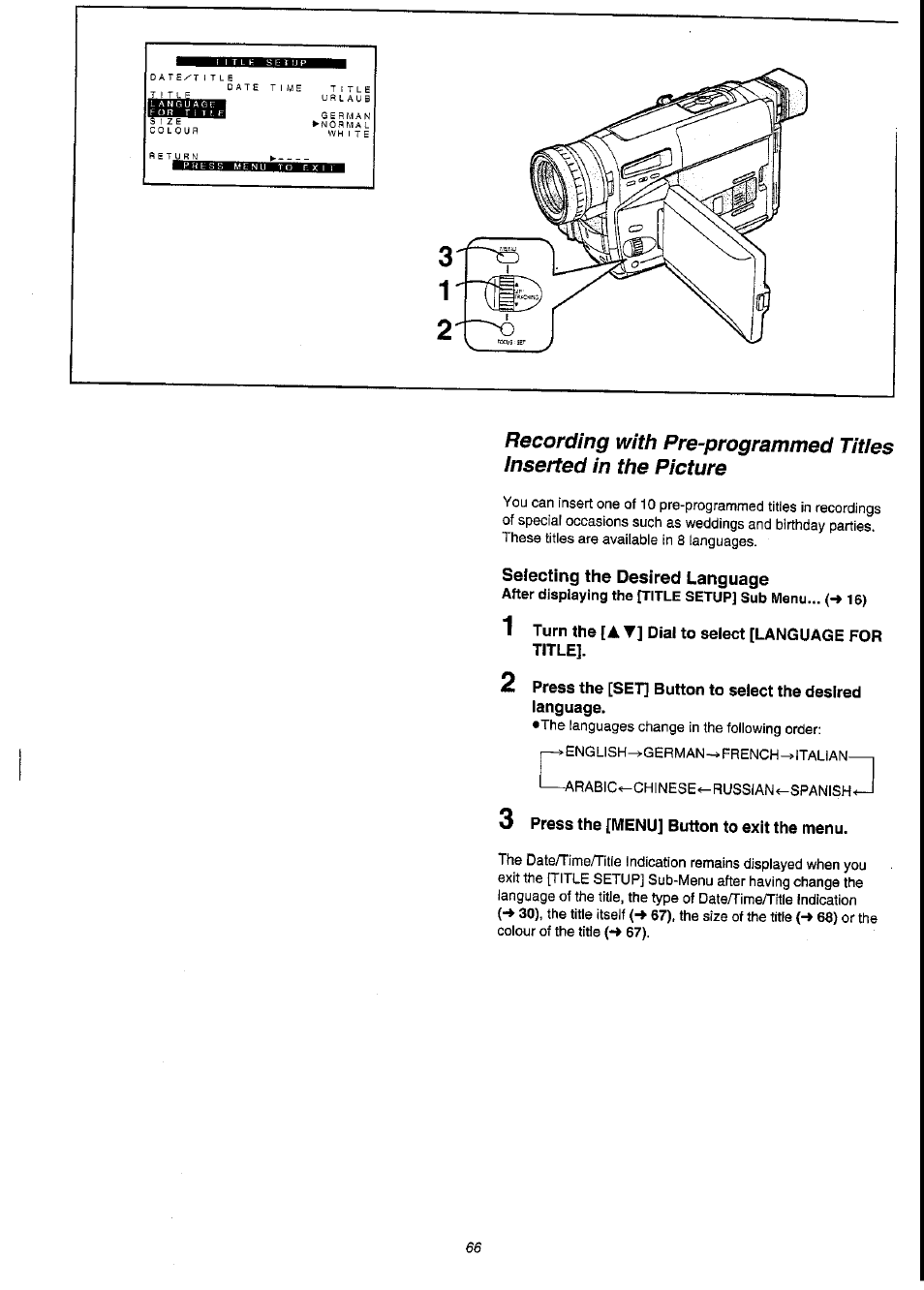 Selecting the desired language, 3 press the [menu] button to exit the menu | Panasonic NV-VS3A User Manual | Page 66 / 88