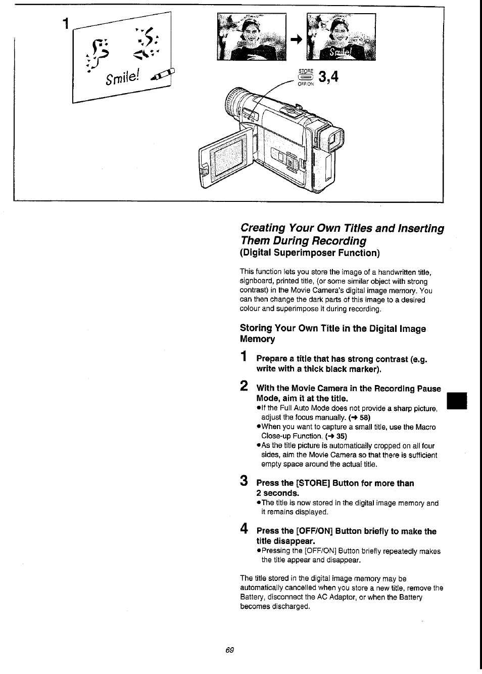 Storing your own title in the digital image memory, 3 press the [store] button for more than 2 seconds | Panasonic NV-VS3A User Manual | Page 69 / 88