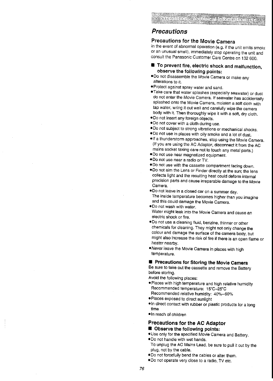 Precautions for the movie camera, Precautions for storing the movie camera, Precautions for the ac adaptor | Observe the following points, Precautions | Panasonic NV-VS3A User Manual | Page 76 / 88