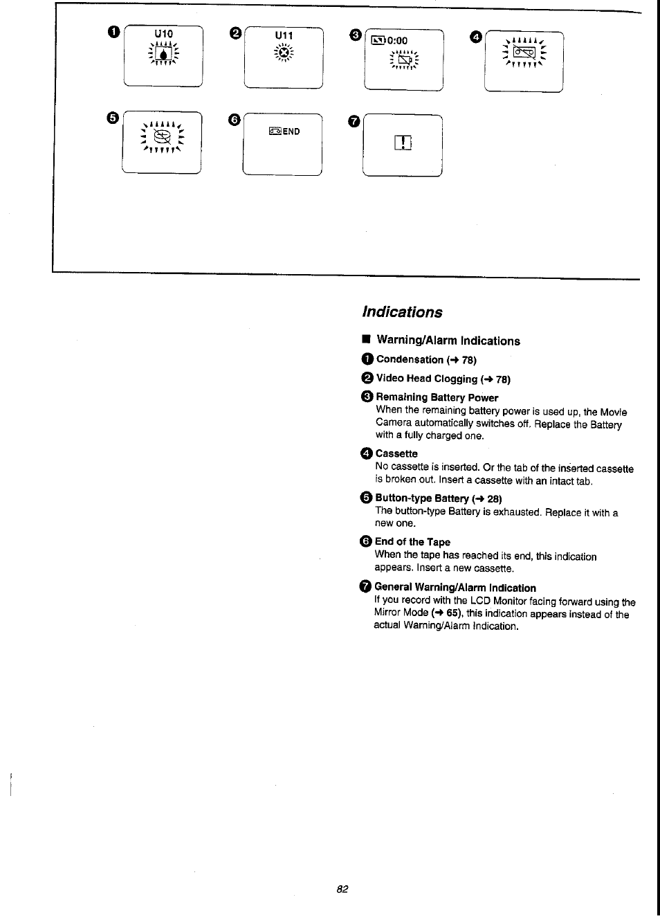 Sulll, Warning/alarm indications, 0 video head clogging (-» 78) | 0 general warning/alarm indication | Panasonic NV-VS3A User Manual | Page 82 / 88