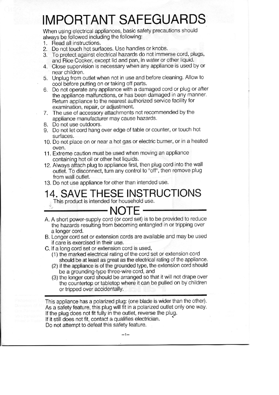 Save these instructions, Important safeguards | Panasonic SR-SH10RN User Manual | Page 2 / 12