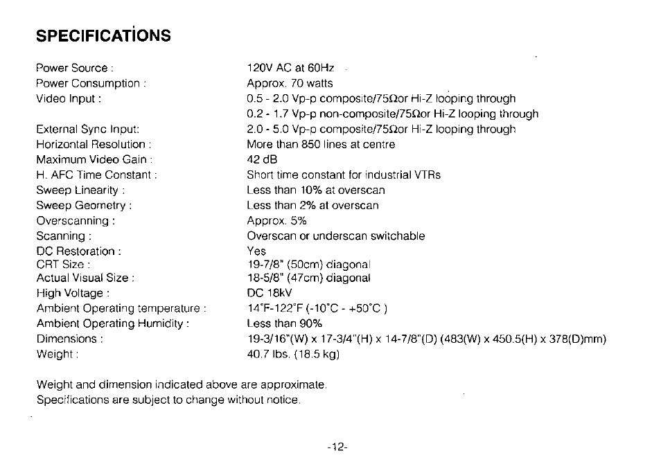 Specifications | Panasonic WV-BM1900 User Manual | Page 14 / 16