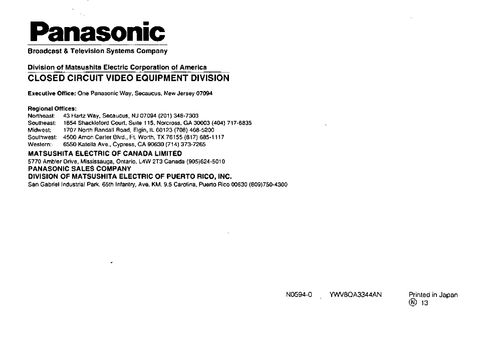 Closed circuit video equipment division, Panasonic | Panasonic WV-BM1900 User Manual | Page 16 / 16