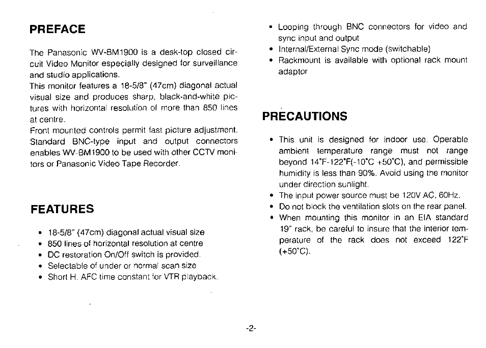 Preface, Features, Precautions | Panasonic WV-BM1900 User Manual | Page 4 / 16