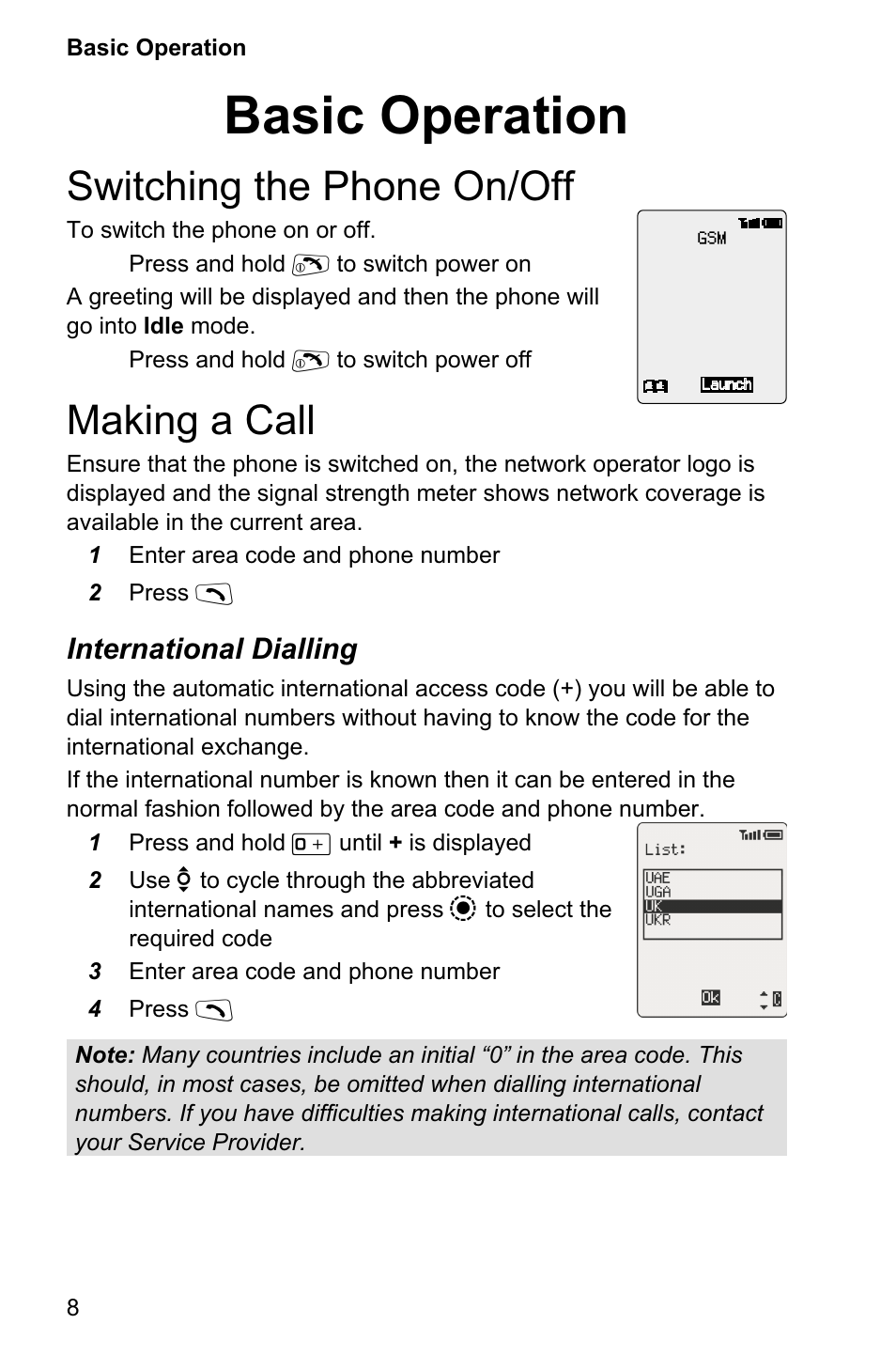 Basic operation 8, Switching the phone on/off 8, Making a call 8 | Basic operation, Switching the phone on/off, Making a call | Panasonic EB-GD95 User Manual | Page 12 / 86