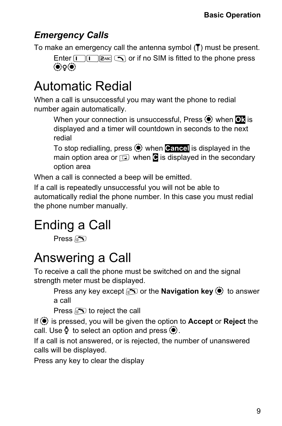 Automatic redial 9, Ending a call 9, Answering a call 9 | Automatic redial, Ending a call, Answering a call, Emergency calls | Panasonic EB-GD95 User Manual | Page 13 / 86