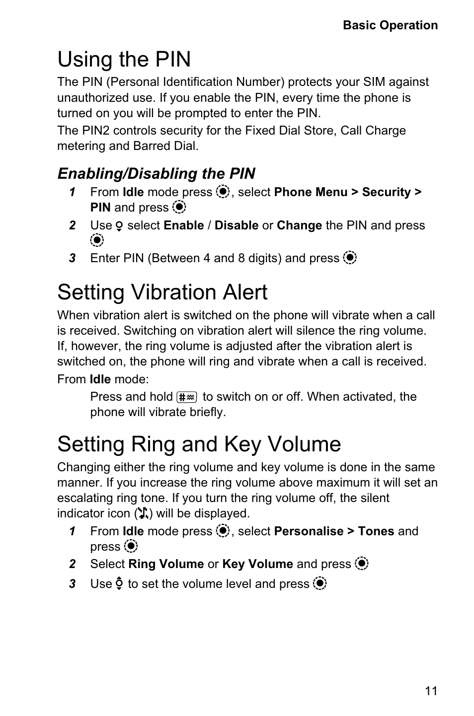 Using the pin 11, Setting vibration alert 11, Setting ring and key volume 11 | Using the pin, Setting vibration alert, Setting ring and key volume, Enabling/disabling the pin | Panasonic EB-GD95 User Manual | Page 15 / 86