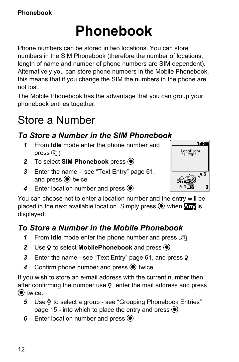 Phonebook 12, Store a number 12, Phonebook | Store a number | Panasonic EB-GD95 User Manual | Page 16 / 86