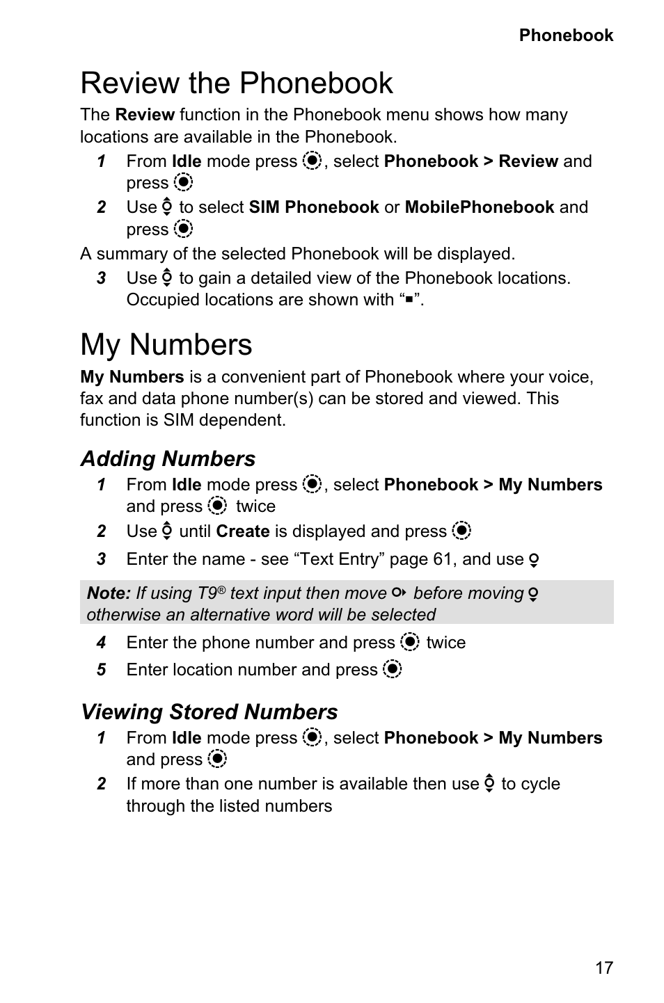 Review the phonebook 17, My numbers 17, Review the phonebook | My numbers, Adding numbers, Viewing stored numbers | Panasonic EB-GD95 User Manual | Page 21 / 86