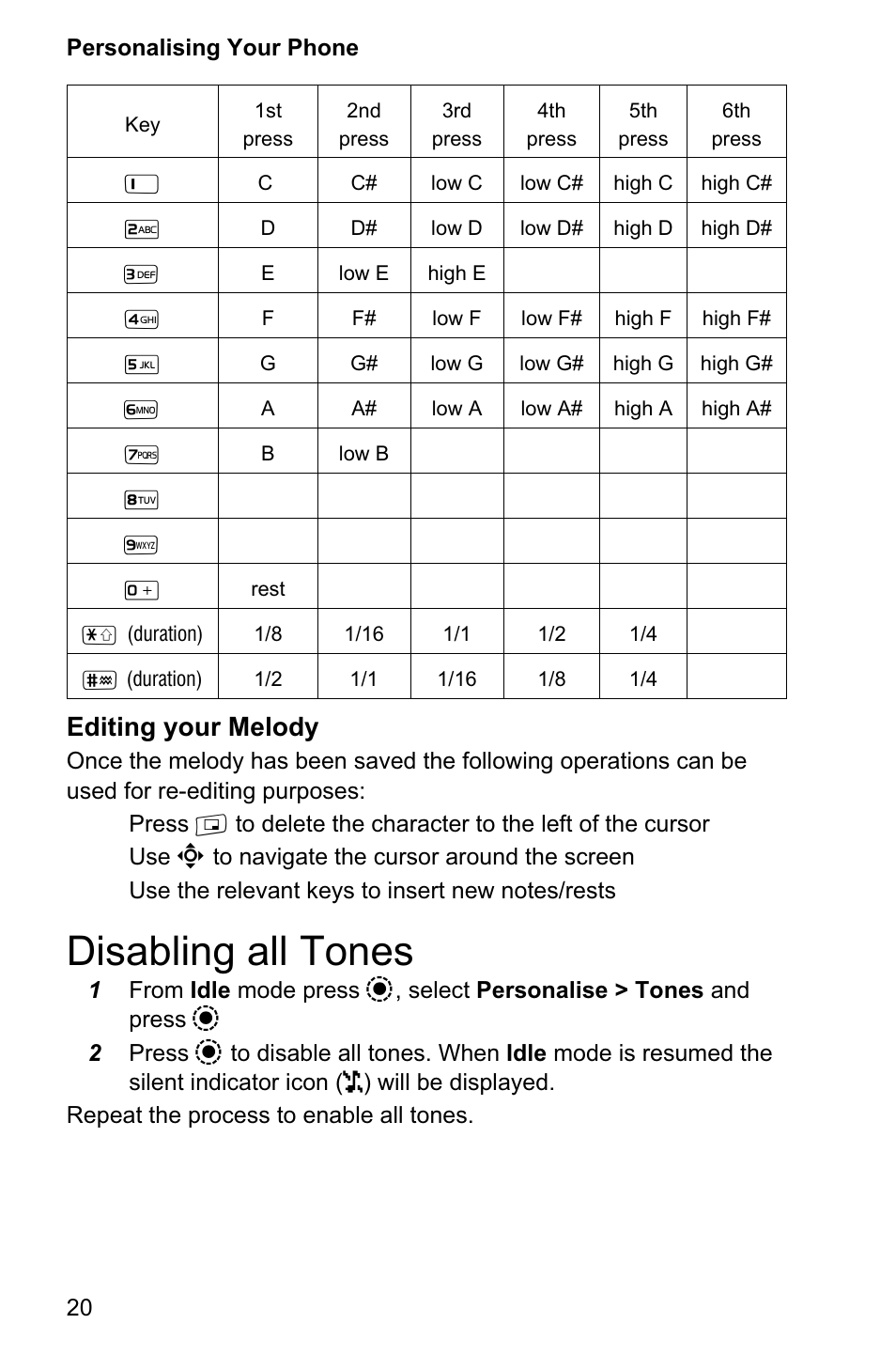 Disabling all tones 20, Disabling all tones, Editing your melody | Panasonic EB-GD95 User Manual | Page 24 / 86