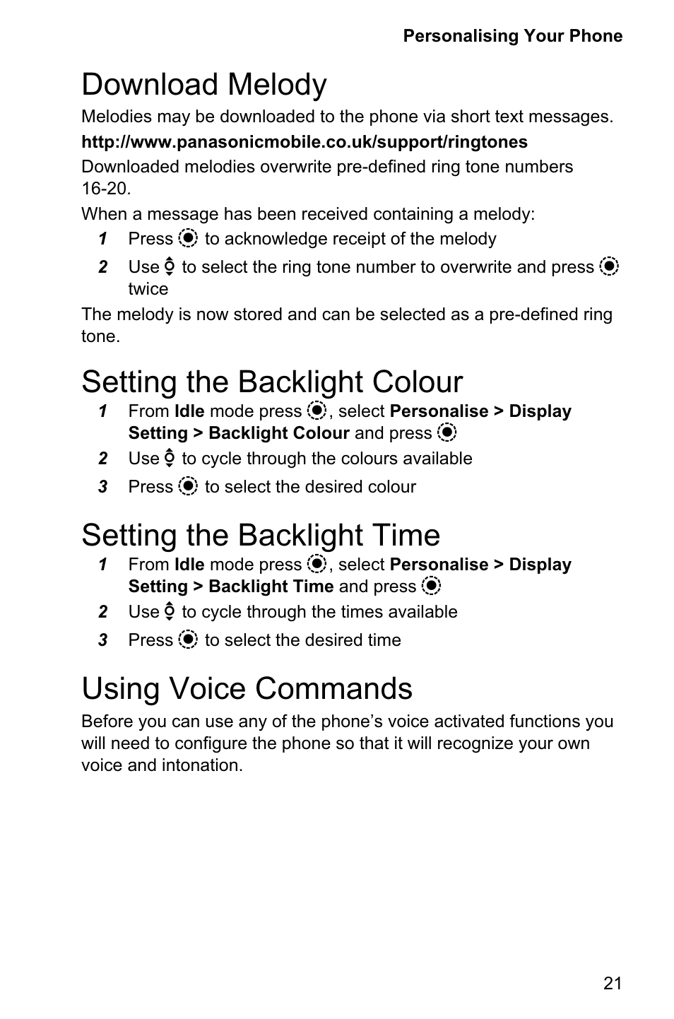 Download melody 21, Setting the backlight colour 21, Setting the backlight time 21 | Using voice commands 21, Download melody, Setting the backlight colour, Setting the backlight time, Using voice commands | Panasonic EB-GD95 User Manual | Page 25 / 86