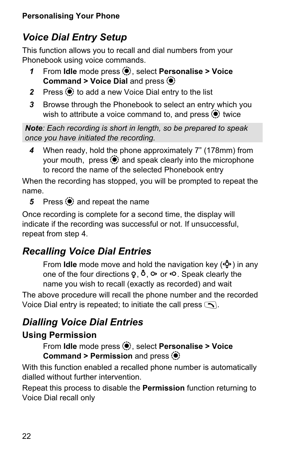 Voice dial entry setup, Recalling voice dial entries, Dialling voice dial entries | Panasonic EB-GD95 User Manual | Page 26 / 86