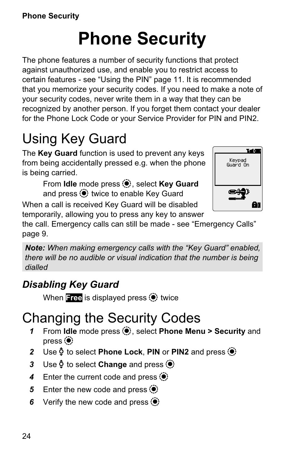 Phone security 24, Using key guard 24, Changing the security codes 24 | Phone security, Using key guard, Changing the security codes, Disabling key guard | Panasonic EB-GD95 User Manual | Page 28 / 86