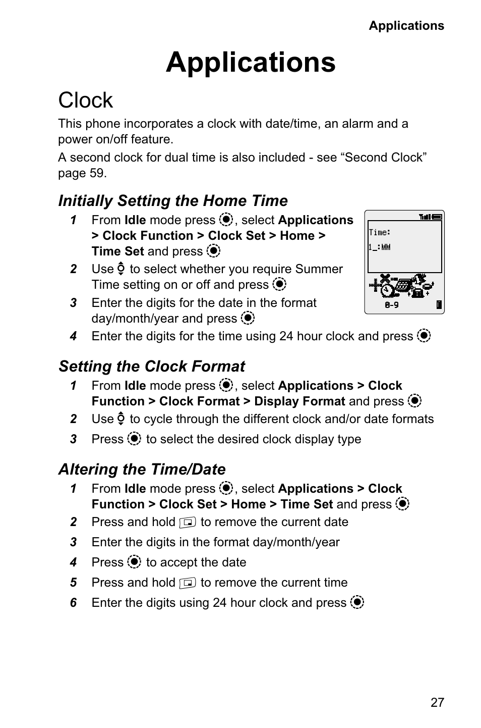 Applications 27, Clock 27, Applications | Clock | Panasonic EB-GD95 User Manual | Page 31 / 86