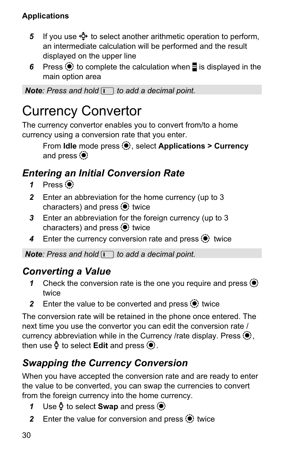 Currency convertor 30, Currency convertor, Entering an initial conversion rate | Converting a value, Swapping the currency conversion | Panasonic EB-GD95 User Manual | Page 34 / 86
