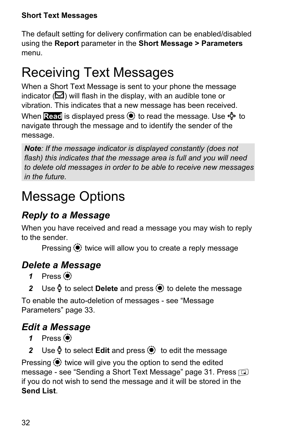 Receiving text messages 32, Message options 32, Receiving text messages | Message options, Reply to a message, Delete a message, Edit a message | Panasonic EB-GD95 User Manual | Page 36 / 86