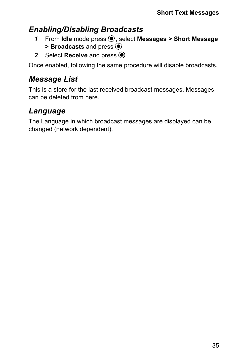 Enabling/disabling broadcasts, Message list, Language | Panasonic EB-GD95 User Manual | Page 39 / 86