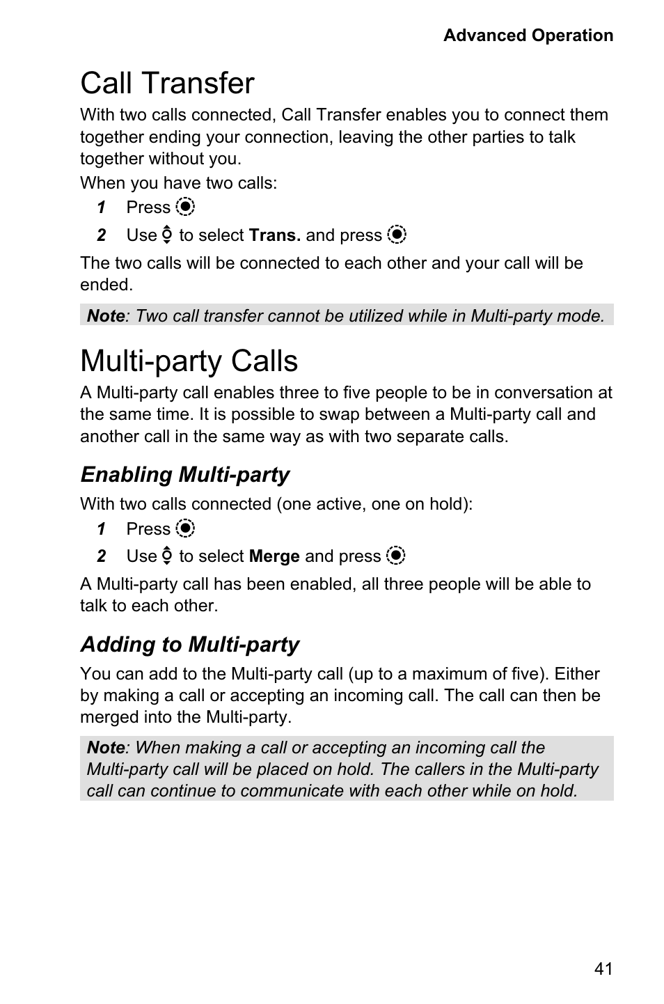Call transfer 41, Multi-party calls 41, Call transfer | Multi-party calls, Enabling multi-party, Adding to multi-party | Panasonic EB-GD95 User Manual | Page 45 / 86