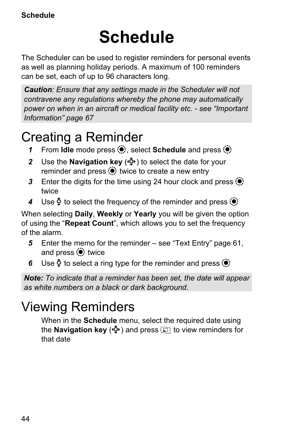 Schedule 44, Creating a reminder 44, Viewing reminders 44 | Schedule, Creating a reminder, Viewing reminders | Panasonic EB-GD95 User Manual | Page 48 / 86