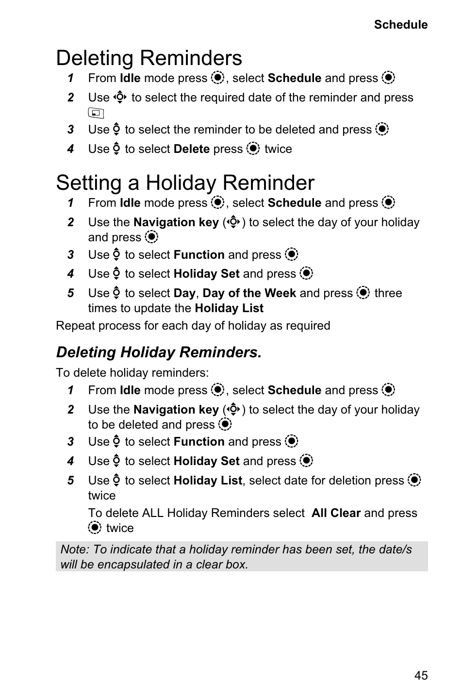 Deleting reminders 45, Setting a holiday reminder 45, Deleting reminders | Setting a holiday reminder, Deleting holiday reminders | Panasonic EB-GD95 User Manual | Page 49 / 86