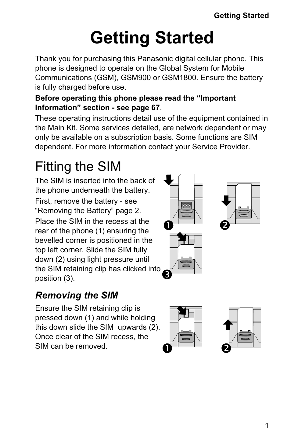 Getting started 1, Fitting the sim 1, Getting started | Fitting the sim, Removing the sim | Panasonic EB-GD95 User Manual | Page 5 / 86