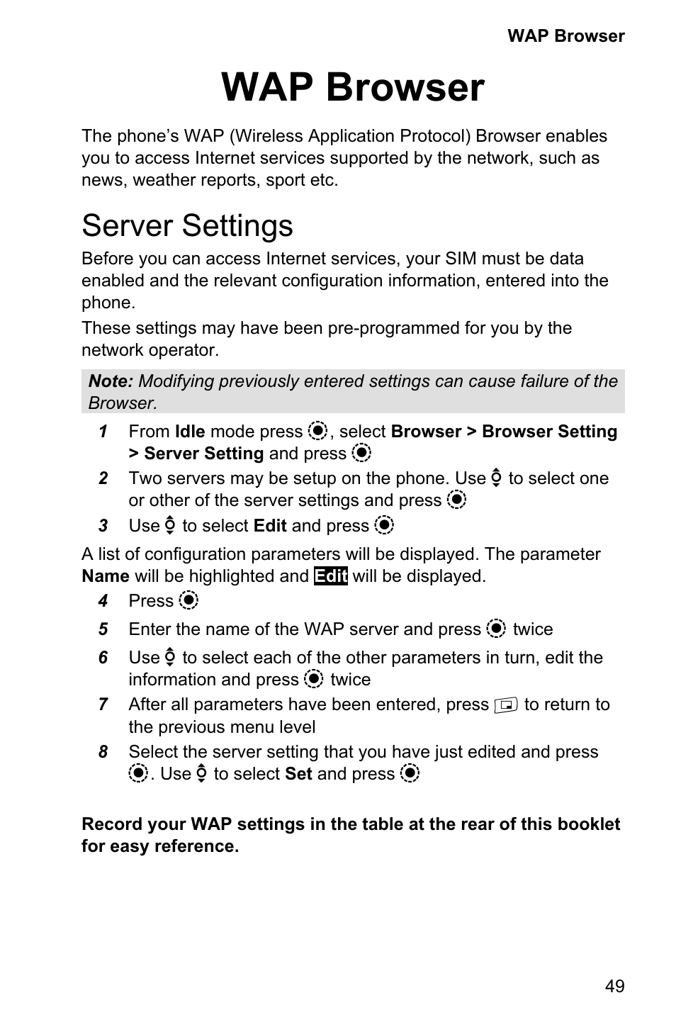 Wap browser 49, Server settings 49, Wap browser | Server settings | Panasonic EB-GD95 User Manual | Page 53 / 86