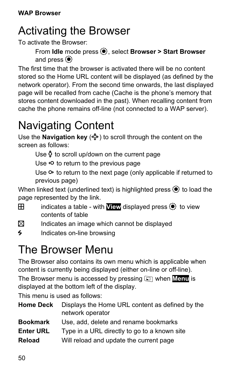 Activating the browser 50, Navigating content 50, The browser menu 50 | Activating the browser, Navigating content, The browser menu | Panasonic EB-GD95 User Manual | Page 54 / 86