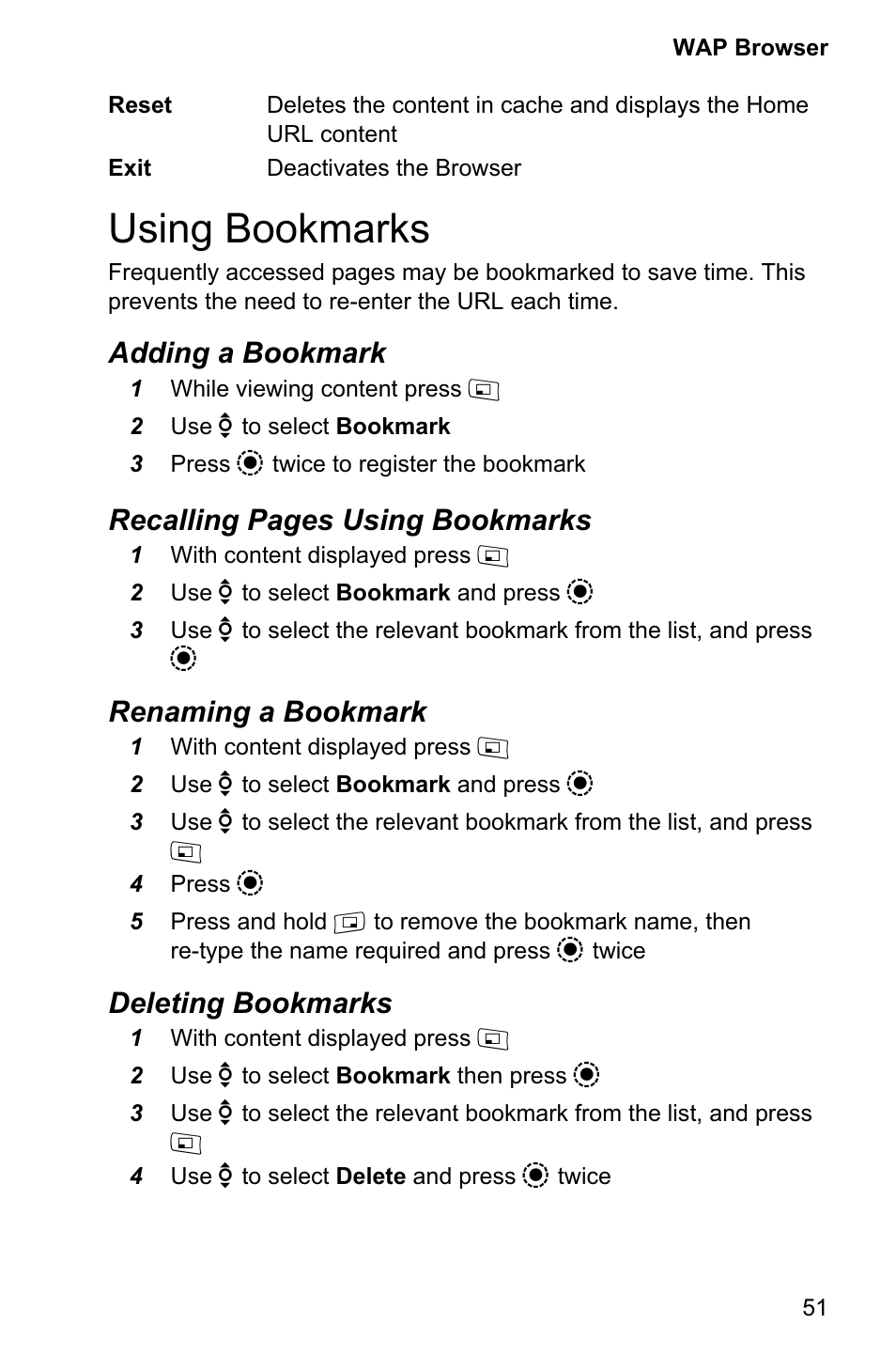 Using bookmarks 51, Using bookmarks, Adding a bookmark | Recalling pages using bookmarks, Renaming a bookmark, Deleting bookmarks | Panasonic EB-GD95 User Manual | Page 55 / 86