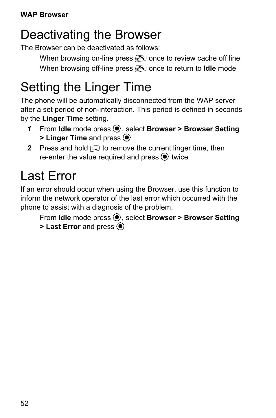 Deactivating the browser 52, Setting the linger time 52, Last error 52 | Deactivating the browser, Setting the linger time, Last error | Panasonic EB-GD95 User Manual | Page 56 / 86