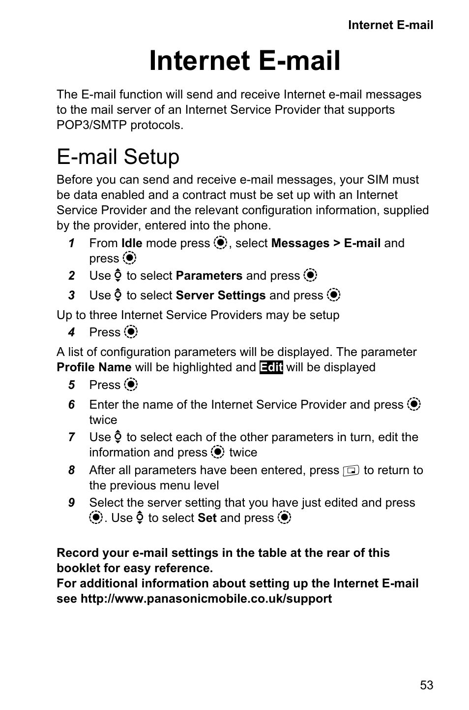 Internet e-mail 53, E-mail setup 53, Internet e-mail | E-mail setup | Panasonic EB-GD95 User Manual | Page 57 / 86