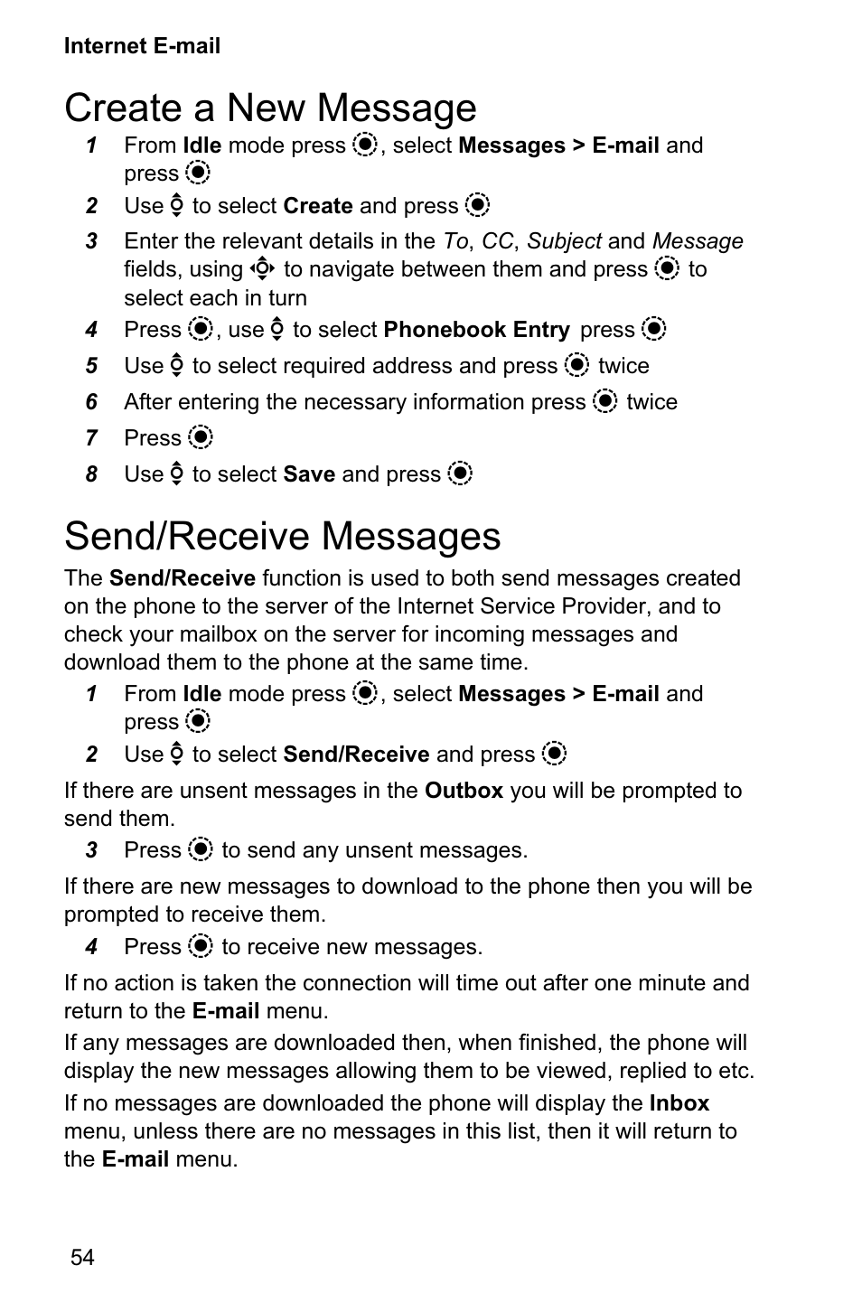Create a new message 54, Send/receive messages 54, Create a new message | Send/receive messages | Panasonic EB-GD95 User Manual | Page 58 / 86