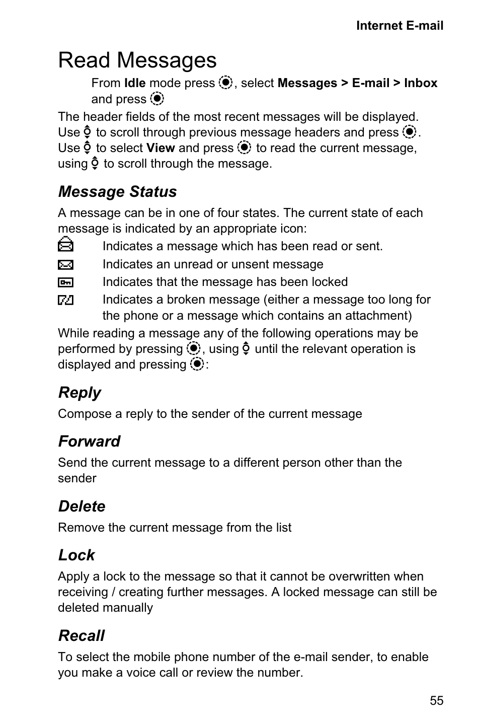 Read messages 55, Read messages, Message status | Reply, Forward, Delete, Lock, Recall | Panasonic EB-GD95 User Manual | Page 59 / 86