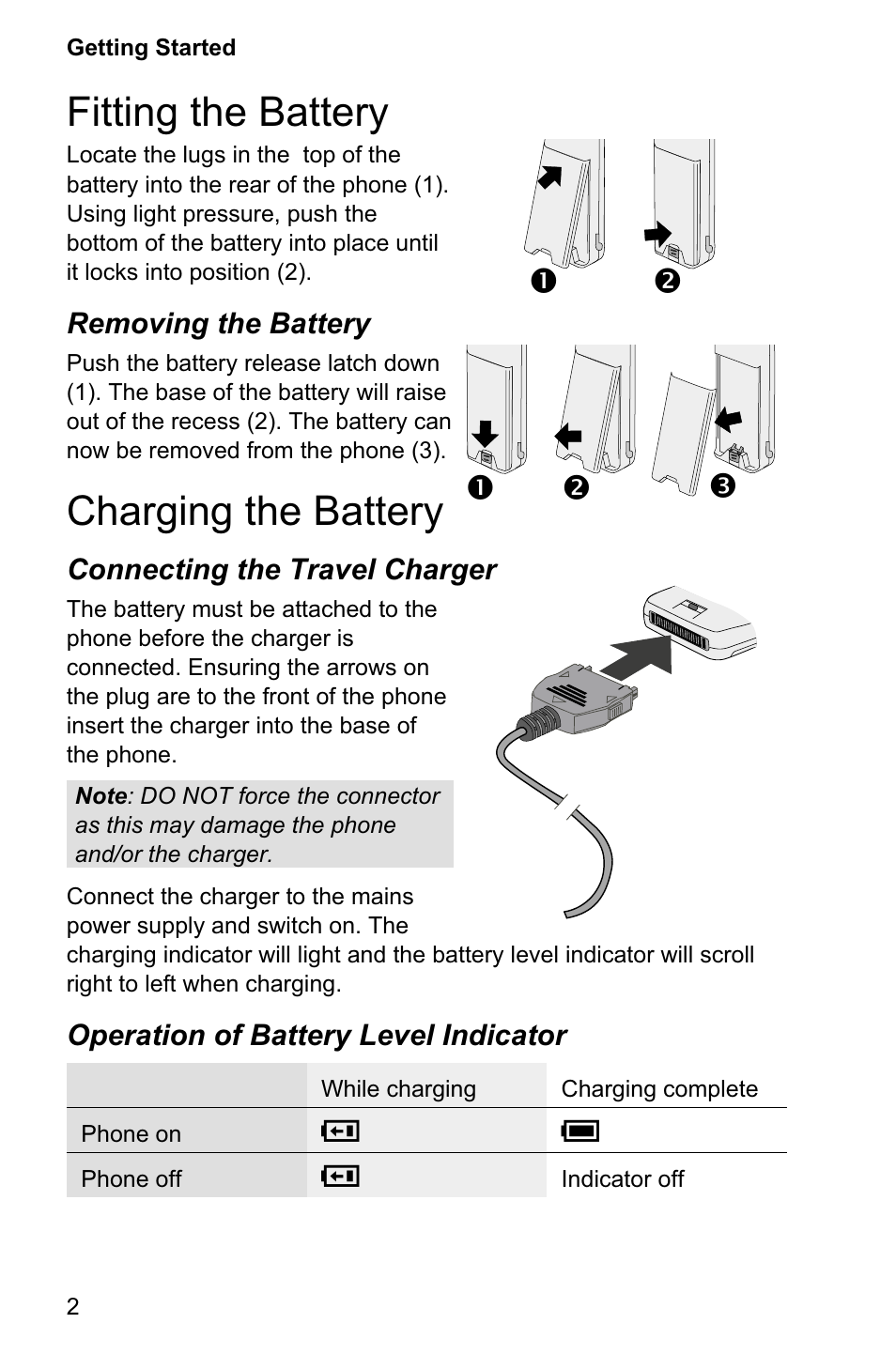 Fitting the battery 2, Charging the battery 2, Fitting the battery | Charging the battery | Panasonic EB-GD95 User Manual | Page 6 / 86