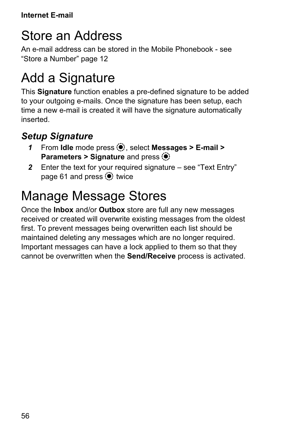 Store an address 56, Add a signature 56, Manage message stores 56 | Store an address, Add a signature, Manage message stores | Panasonic EB-GD95 User Manual | Page 60 / 86
