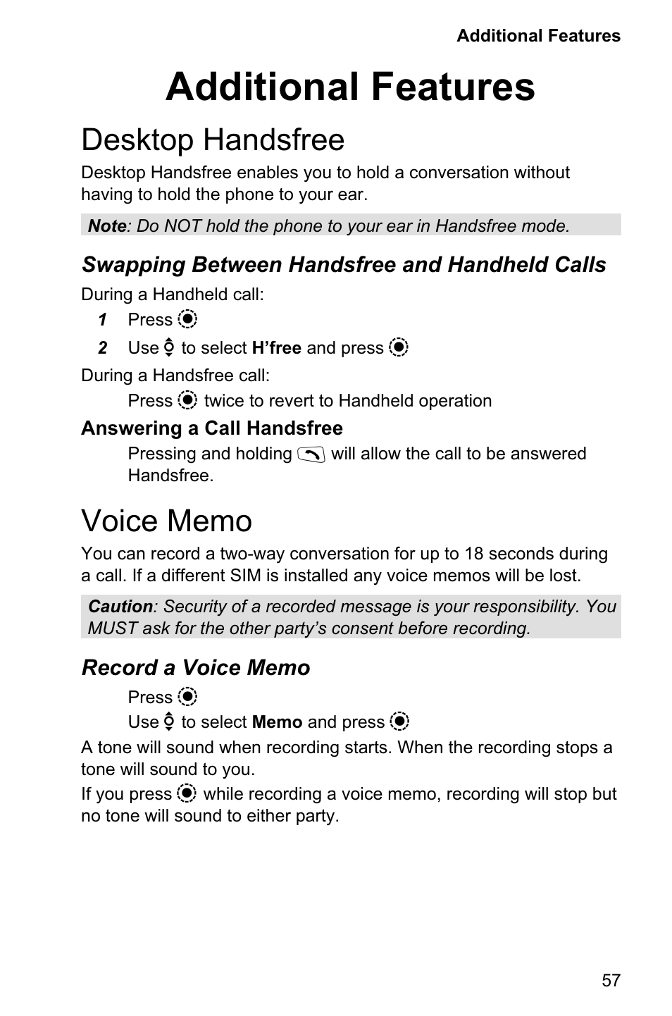 Additional features 57, Desktop handsfree 57, Voice memo 57 | Additional features, Desktop handsfree, Voice memo | Panasonic EB-GD95 User Manual | Page 61 / 86