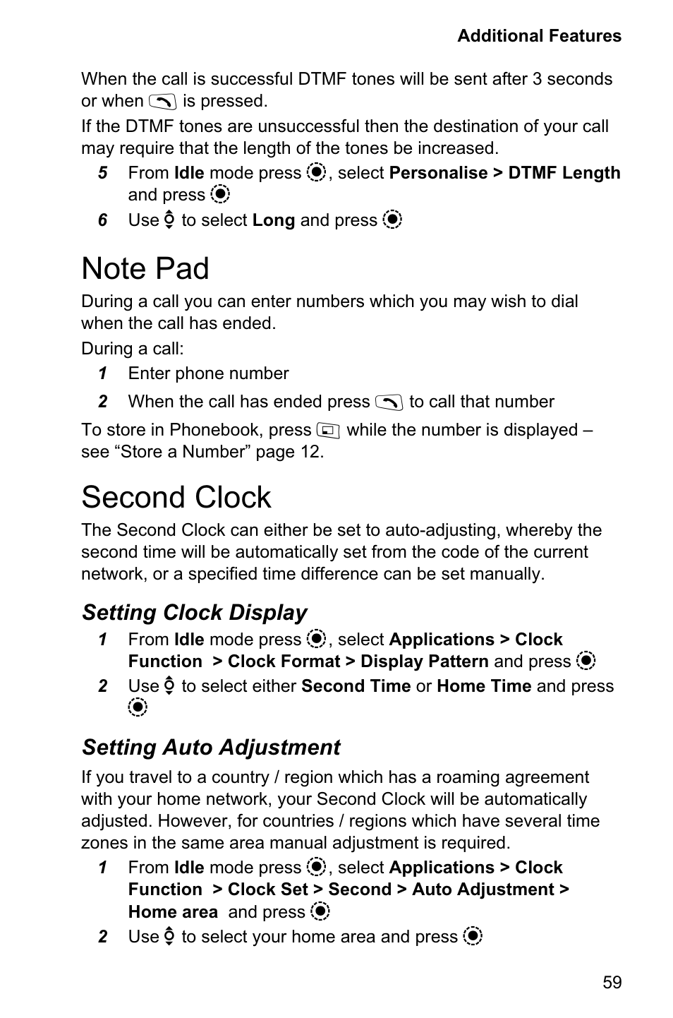 Note pad 59, Second clock 59, Note pad | Second clock, Setting clock display, Setting auto adjustment | Panasonic EB-GD95 User Manual | Page 63 / 86