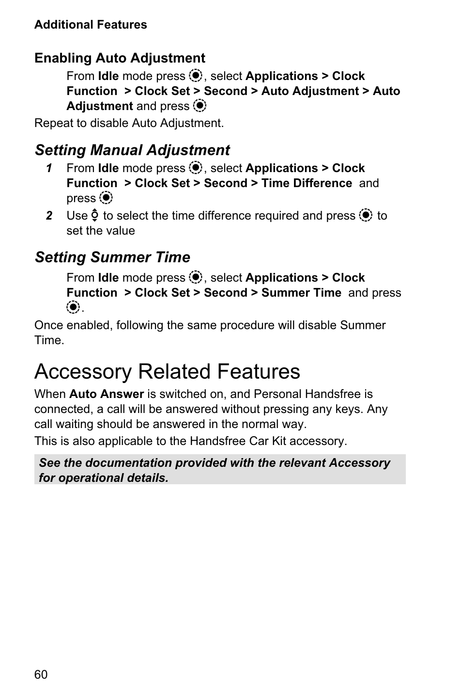 Accessory related features 60, Accessory related features, Setting manual adjustment | Setting summer time | Panasonic EB-GD95 User Manual | Page 64 / 86