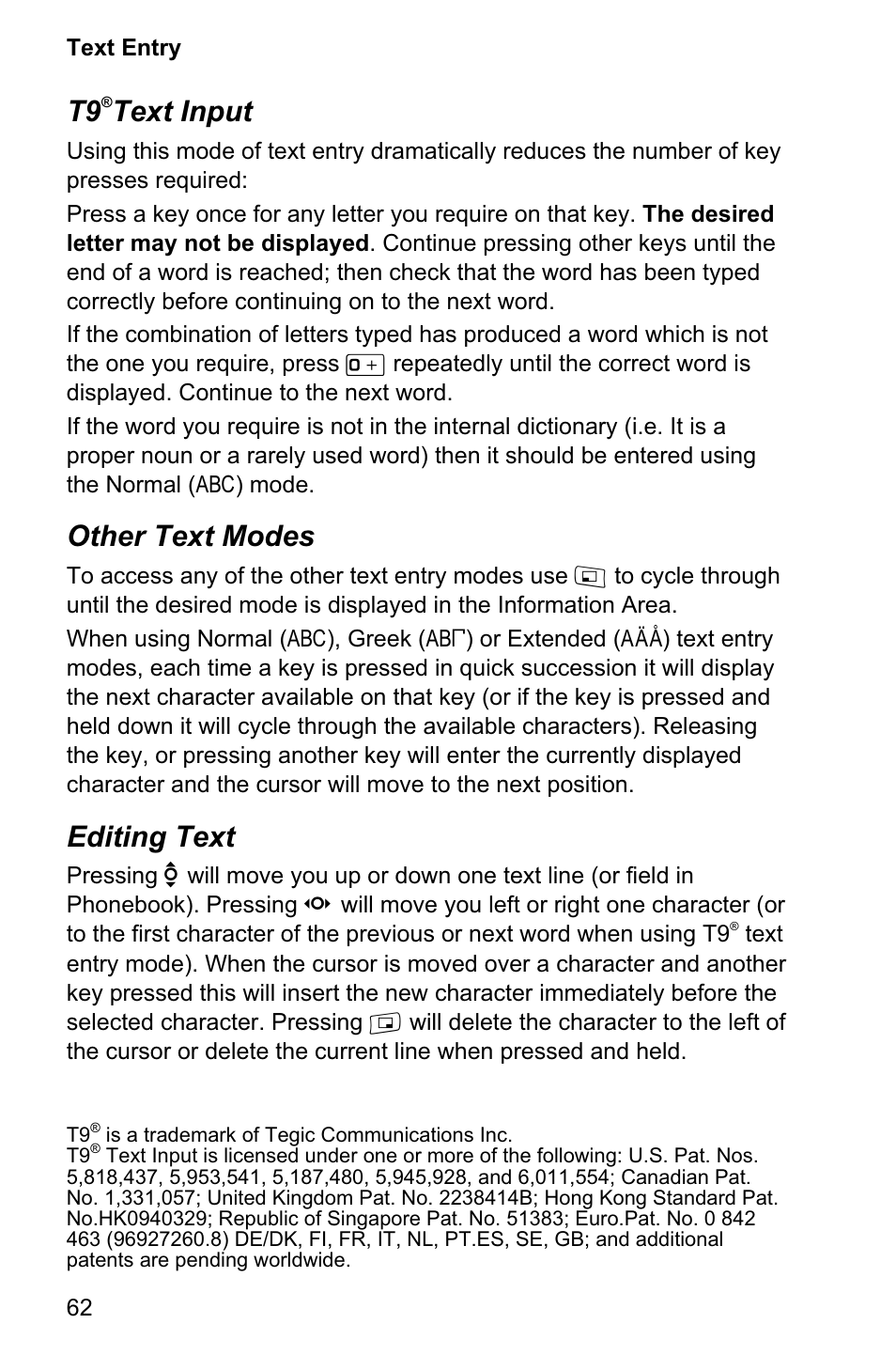 Text input, Other text modes, Editing text | Panasonic EB-GD95 User Manual | Page 66 / 86