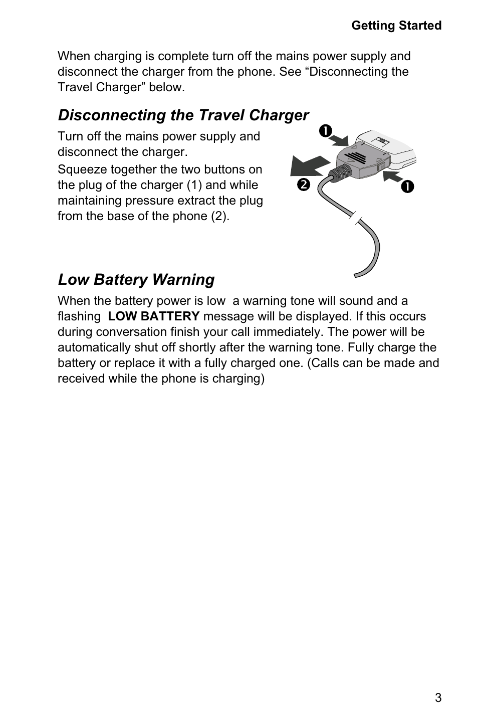 Disconnecting the travel charger, Low battery warning | Panasonic EB-GD95 User Manual | Page 7 / 86