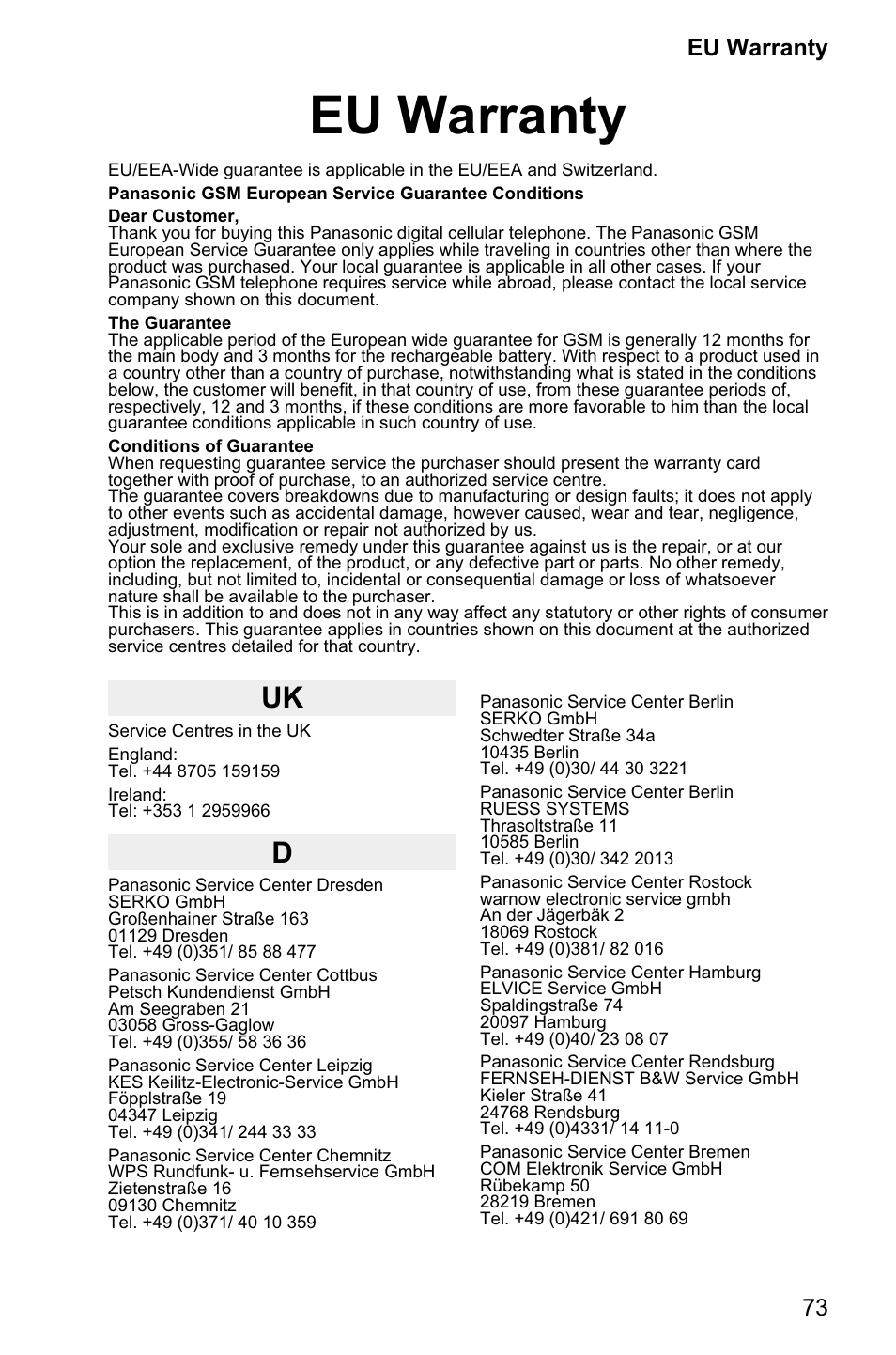 Eu warranty 73, Eu warranty, 73 eu warranty | Panasonic EB-GD95 User Manual | Page 77 / 86