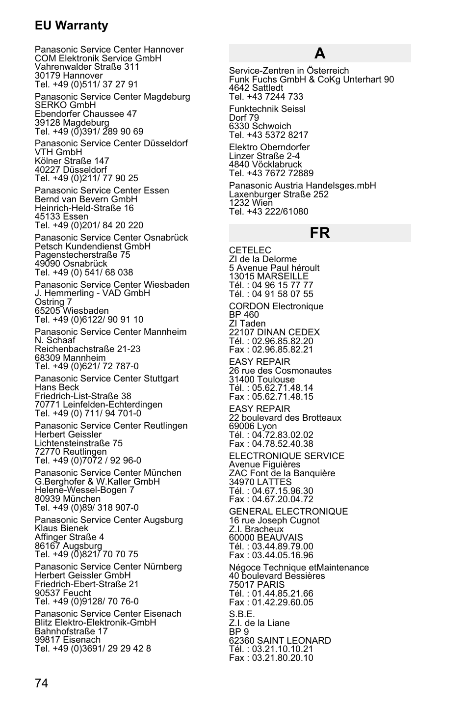 74 eu warranty | Panasonic EB-GD95 User Manual | Page 78 / 86