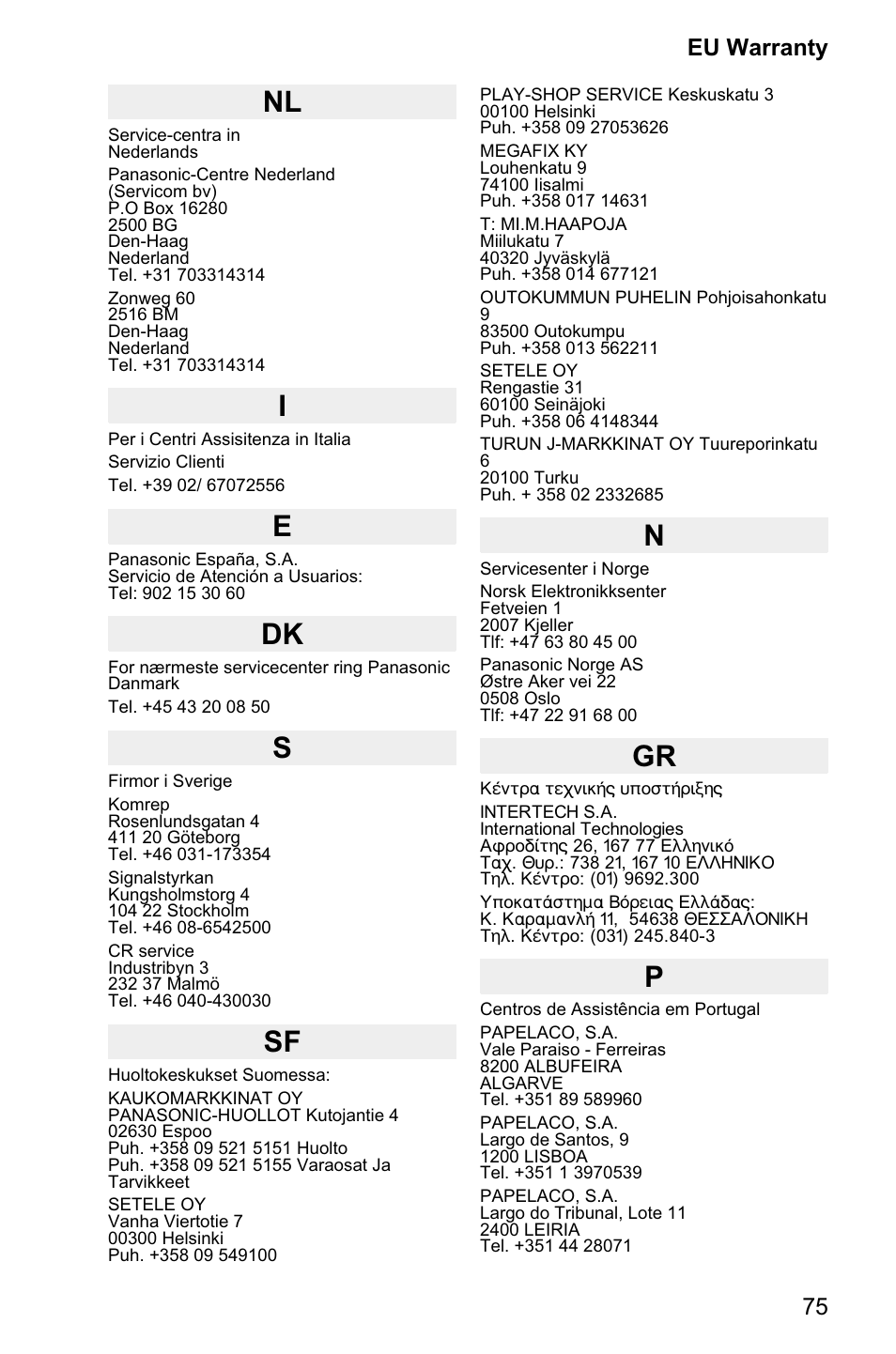 75 eu warranty | Panasonic EB-GD95 User Manual | Page 79 / 86