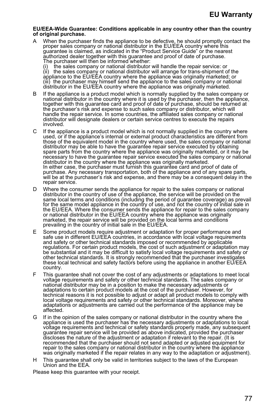 77 eu warranty | Panasonic EB-GD95 User Manual | Page 81 / 86