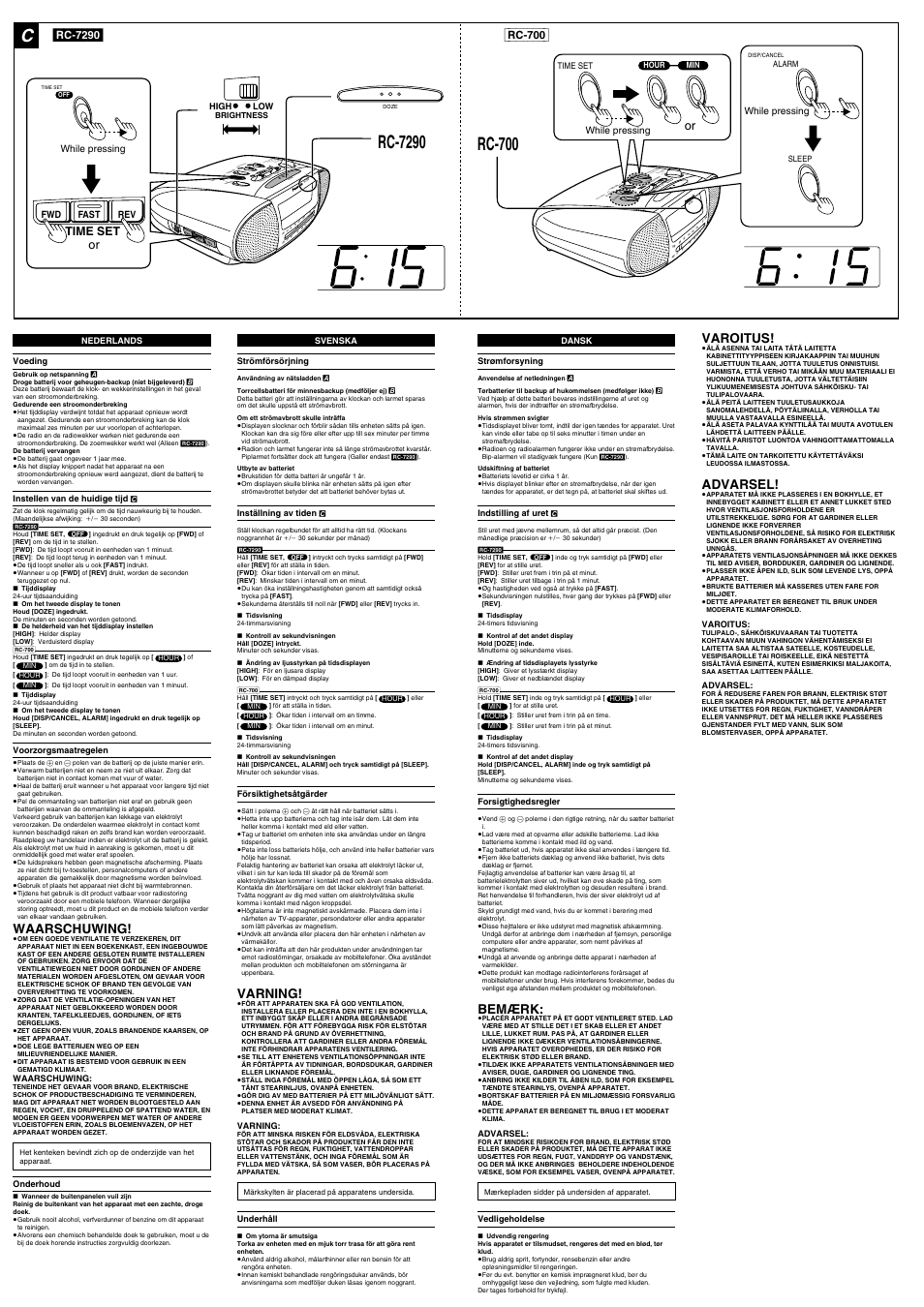 Sl ee p c an ce l, Ala rm / s ure a larm t ender wake up, Batte ry ba ck-up | Bemærk, Waarschuwing, Varning, Advarsel, Time set, Fast rev, While pressing | Panasonic RC-7290 User Manual | Page 2 / 4