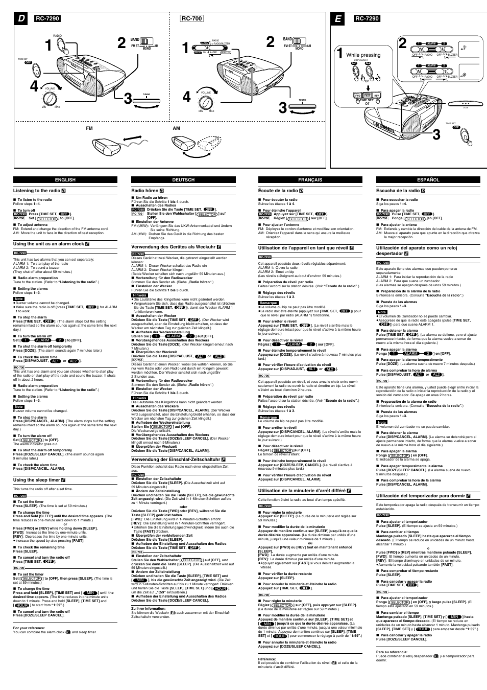 Rc-70 0, Disp/canc el, Selec tor do ze / sle ep c anc el | Alarm, Tuning ban d fm st am mo no, Of f rc-7290, Batte ry ba ck-u p, Min max, High lo w, Brig htn ess rc -72 90 | Panasonic RC-7290 User Manual | Page 3 / 4