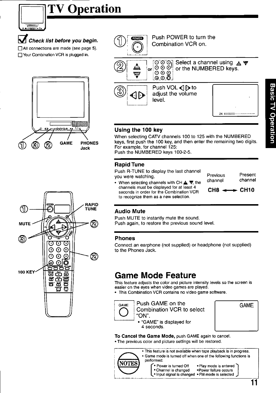 Tv operation, Check list before you begin, Using the 100 key | Rapid tune, Ohio, Audio mute, Phones, Game mode feature, S) (i) | Panasonic PV-M2037 User Manual | Page 11 / 32