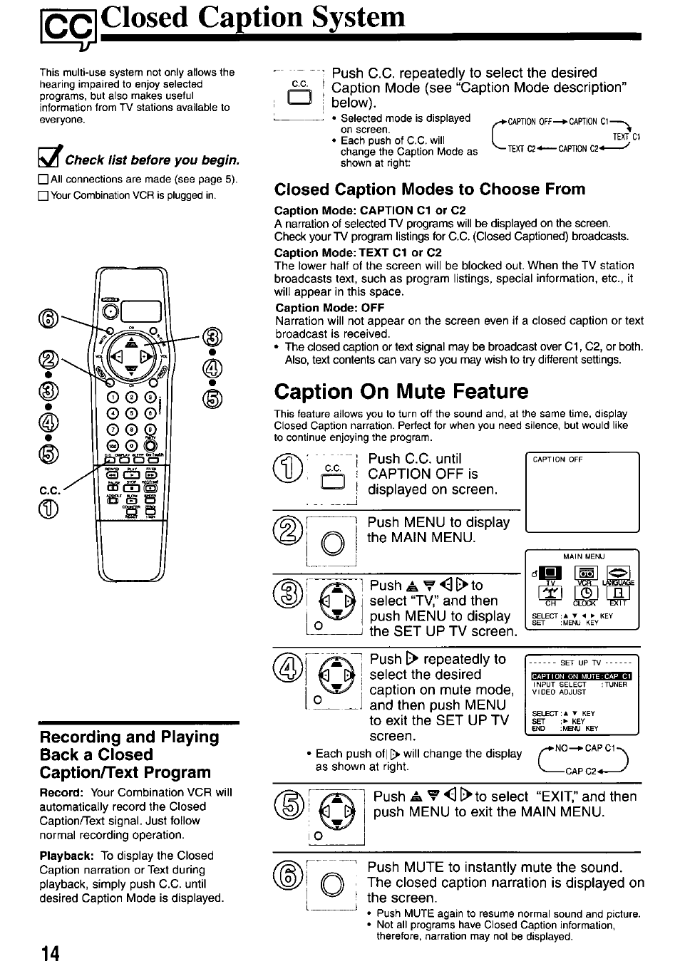 Check list before you begin, Closed caption modes to choose from, Caption on mute feature | Closed caption system | Panasonic PV-M2037 User Manual | Page 14 / 32