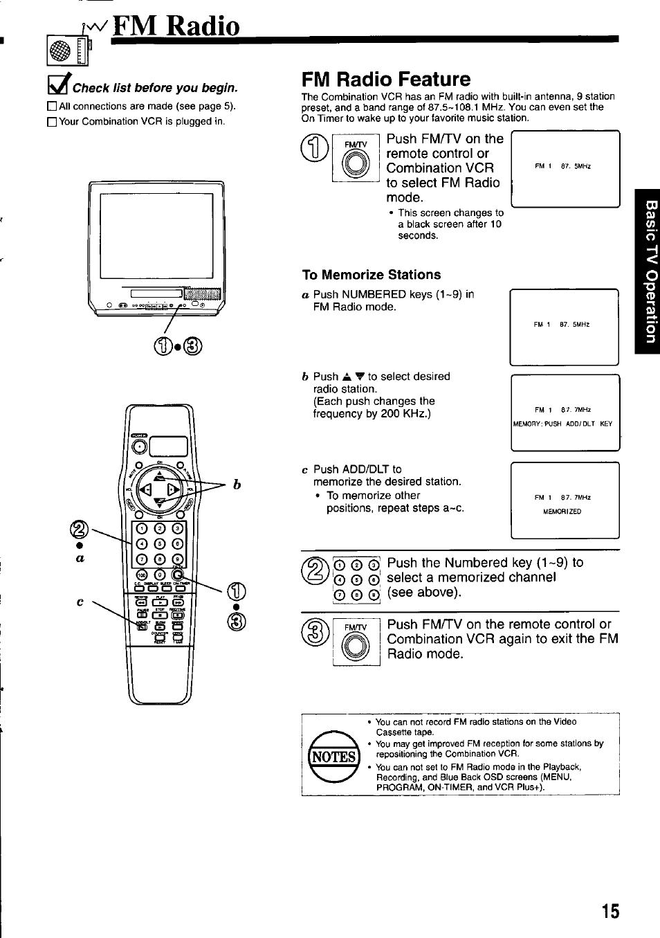 Fm radio, Check list before you begin, Fm radio feature | To memorize stations | Panasonic PV-M2037 User Manual | Page 15 / 32